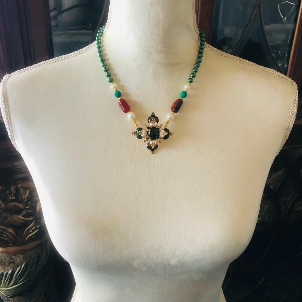 Handcrafted repurpose regal look pendant Czech glass Pearl necklace